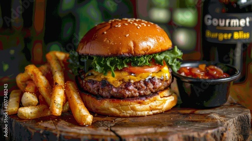 Hamburger and Fries on Plate on Table