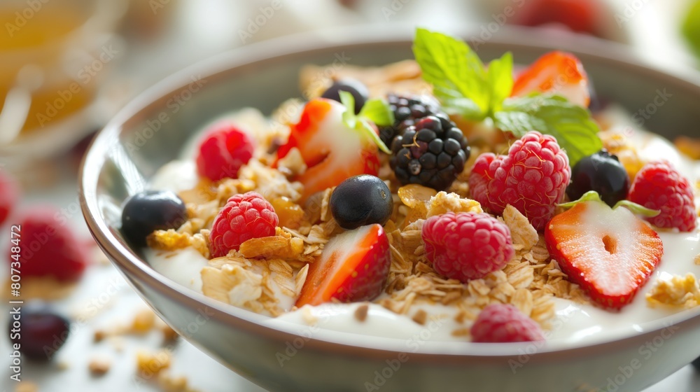 A bowl filled with granola, topped with fresh berries and creamy yogurt A bowl filled with granola, topped with fresh berries and creamy yogurt