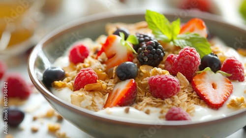 A bowl filled with granola, topped with fresh berries and creamy yogurt