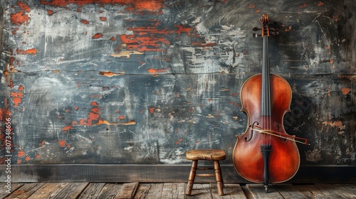 Cello Leaning Against Wall in Room photo