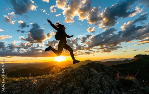 Person joyfully leaping in the air on a mountain top at sunset. photo