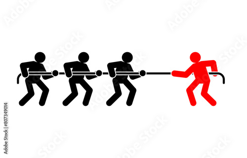 One is stronger than team. Tug of war sign. People are pulling rope. Concept of confrontation between two companies. Competition sign