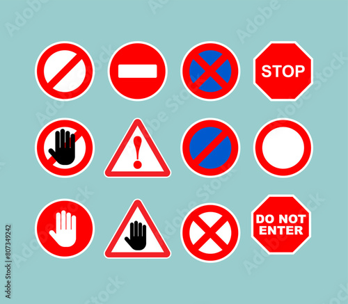 Set of road prohibition signs. Red sign of danger and attention. Passage is closed
