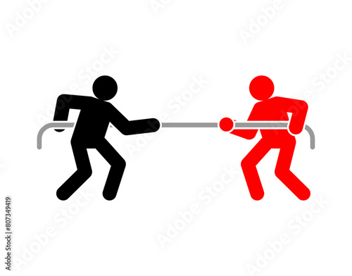 Tug of war sign. People are pulling rope. Concept of confrontation between two companies. Competition sign