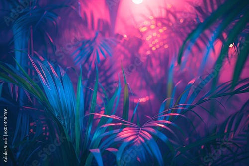 Tropical leaves with neon lighting background. Summer vacation concept. Retrowave  synthwave  vaporwave aesthetics. Retro style  webpunk  retrofuturism. Illustration for design  print  poster