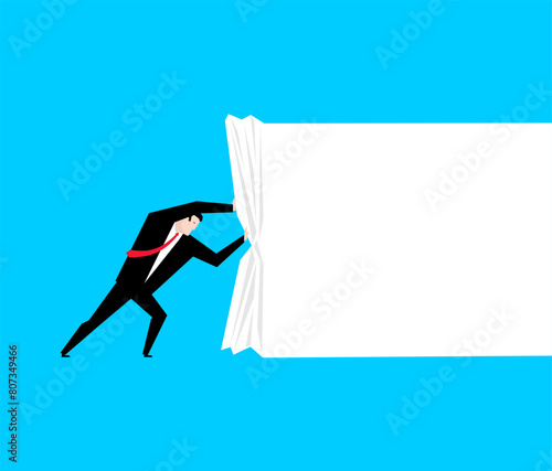 Businessman pulling space for text. Man pulls white sheet.