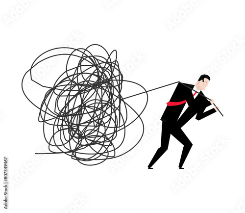 Businessman pulls tangled ball. Concept to untangle thoughts © maryvalery