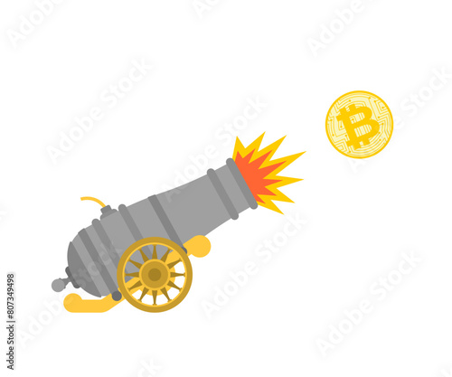 Bitcoin growth. Ancient cannon shoots bitcoin. Cannon with gun carriage shot cryptocurrency. Carriage gun icon © maryvalery