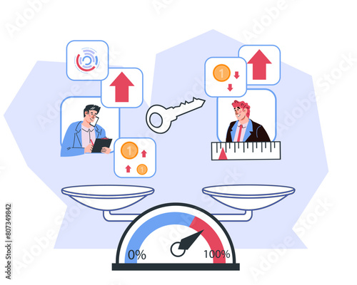 Comparison of KPI performance indicator between two business teams. Banner on topic of business performance and determining development and improvement indicators, flat vector illustration isolated.