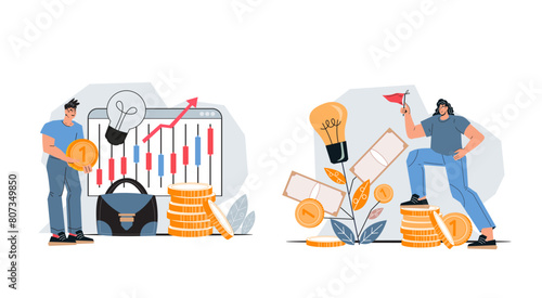 Finance growth and business development, smart investment management. Profit performance and return on investment ROI, flat cartoon vector illustration isolated on white background. Banners set.