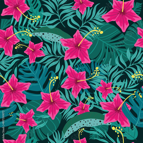 seamless hand drawn summer floral and tropical leaves pattern