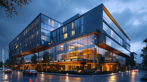 An 8K realistic image of a modern hotel facade at dusk, with illuminated windows and a sleek, contemporary design featuring glass and steel structures. photo