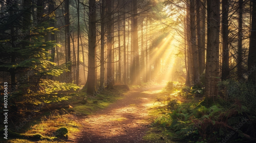 Naklejka premium Sunlight Filtering Through A Dense Woodland Trail Image.