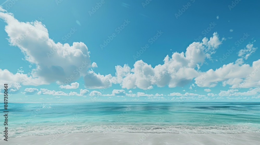 Fototapeta premium Tropical Beach Panorama, Seascape With A Wide Horizon, Showcasing The Beautiful Expanse Of The Sky Meeting The Sea