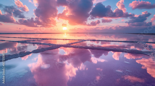 Salt pans under a brilliant sunset in the saltwater pools photo