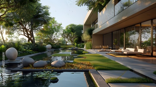 An 8K realistic portrayal of a luxury resorta??s front lawn with a reflective water body, modern sculpture art, and geometrically pleasing landscaping