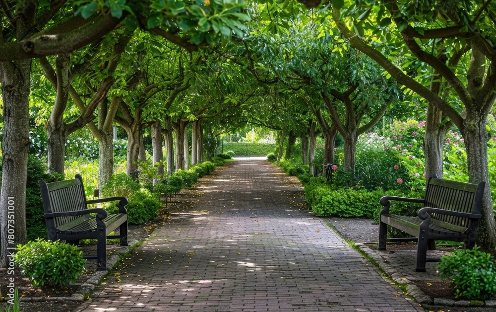 Serene garden pathway lined with lush trees and inviting benches.