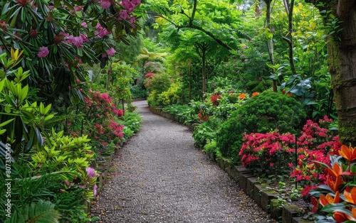 Serene garden path flanked by lush, colorful shrubbery and tall trees. photo