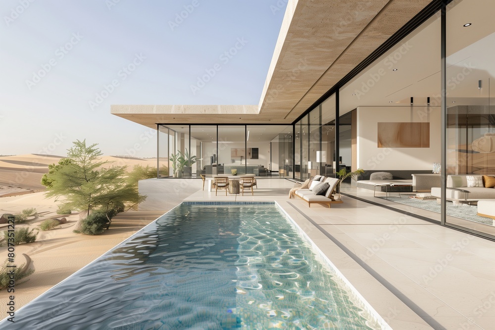 Contemporary desert villa with an expansive outdoor swimming pool, surrounded by minimalist landscaping