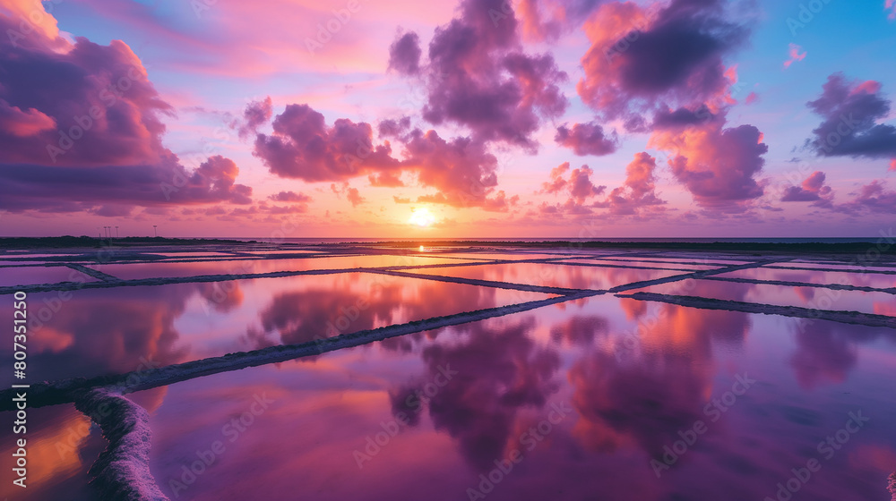 Fototapeta premium Salt pans under a brilliant sunset in the saltwater pools