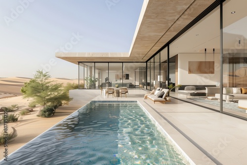 Contemporary desert villa with an expansive outdoor swimming pool, surrounded by minimalist landscaping © Sajida