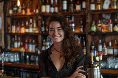 Mixology Maven  A Portrait of a Smiling Female Bartender in a Lively Bar