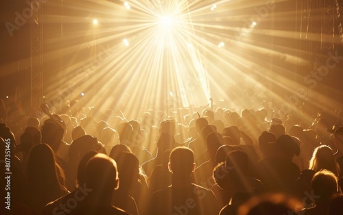Silhouetted crowd at a concert with beams of light piercing through smoke.
