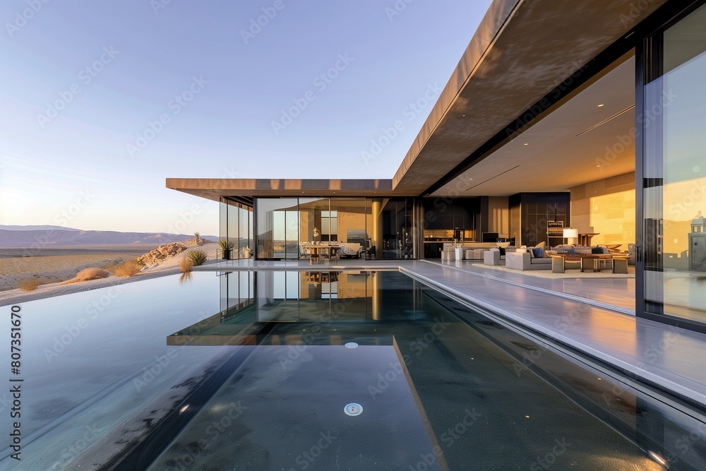 Contemporary desert villa with an expansive outdoor swimming pool, surrounded by minimalist landscaping Contemporary desert villa with an expansive outdoor swimming pool, surrounded by minimalist landscaping