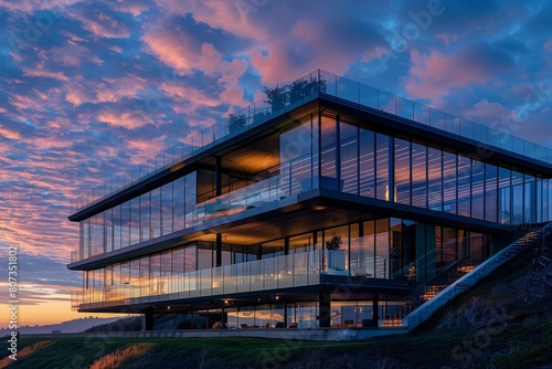 Contemporary glass house on a hill, maximizing the unobstructed views of the sky and landscape.