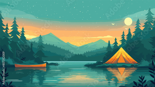 Calm lakeside camping scene with starlit sky and vibrant sunset colors, Camping adventure with tent and canoe under a starry night sky in a forest setting.