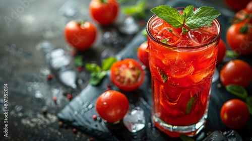 iced tomato juice with mint leaves in a tall glass a perfect summer refreshment photo
