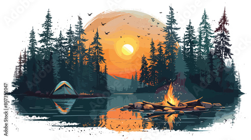 Outdoor camping digital artwork of serene lakeside scene with vibrant sunset hues, Nighttime camping by the lake with moonlit scene and glowing tent in a forest setting.