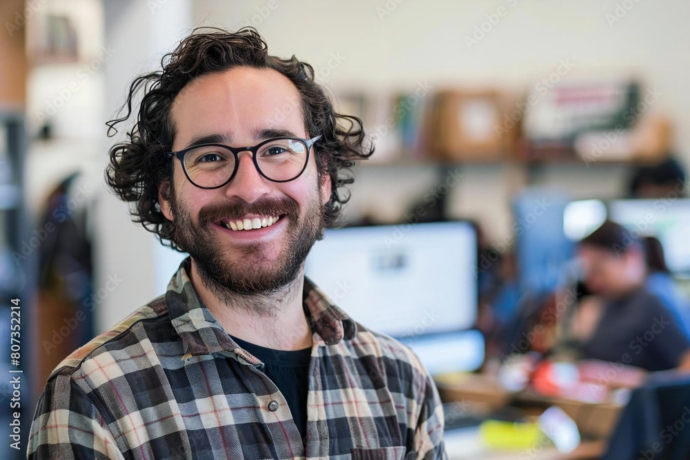 Fototapeta premium Tech-savvy and Smiling: Portrait of a Male Technical Writer in His Office