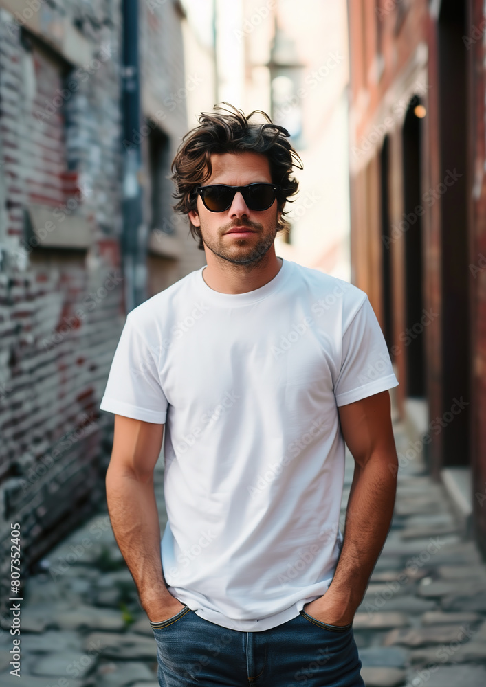 Casual man wearing sunglasses with his hands in his pockets wering a plain white T-Shirt Casual man wearing sunglasses with his hands in his pockets wering a plain white T-Shirt