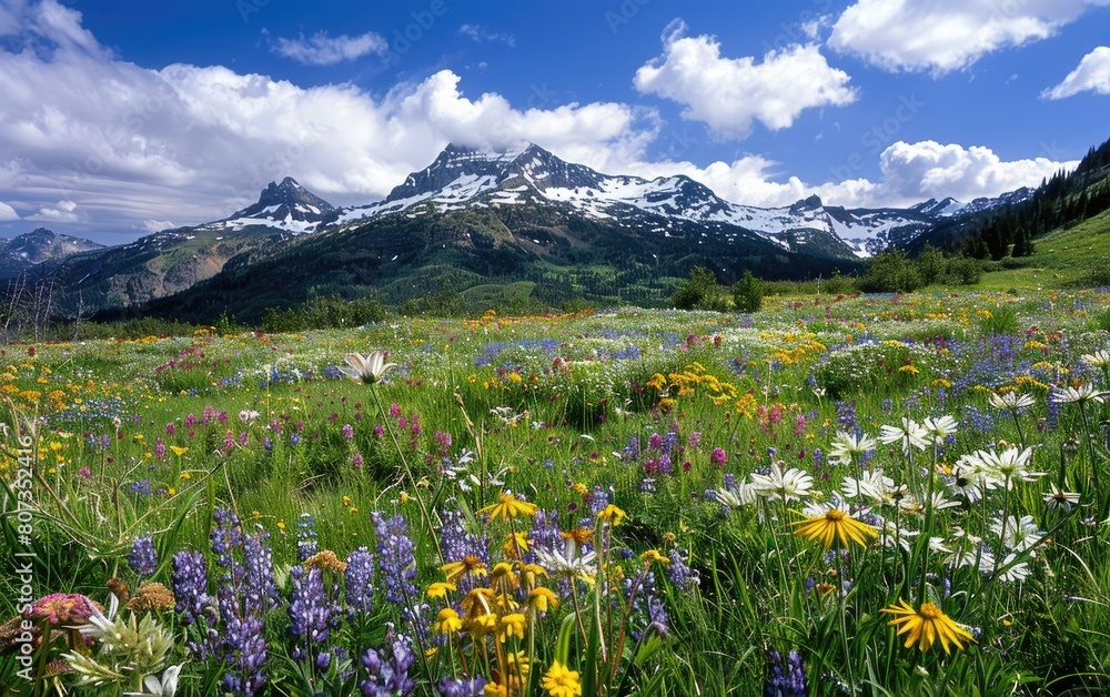 Snow-capped mountain looming over vibrant wildflower meadow.