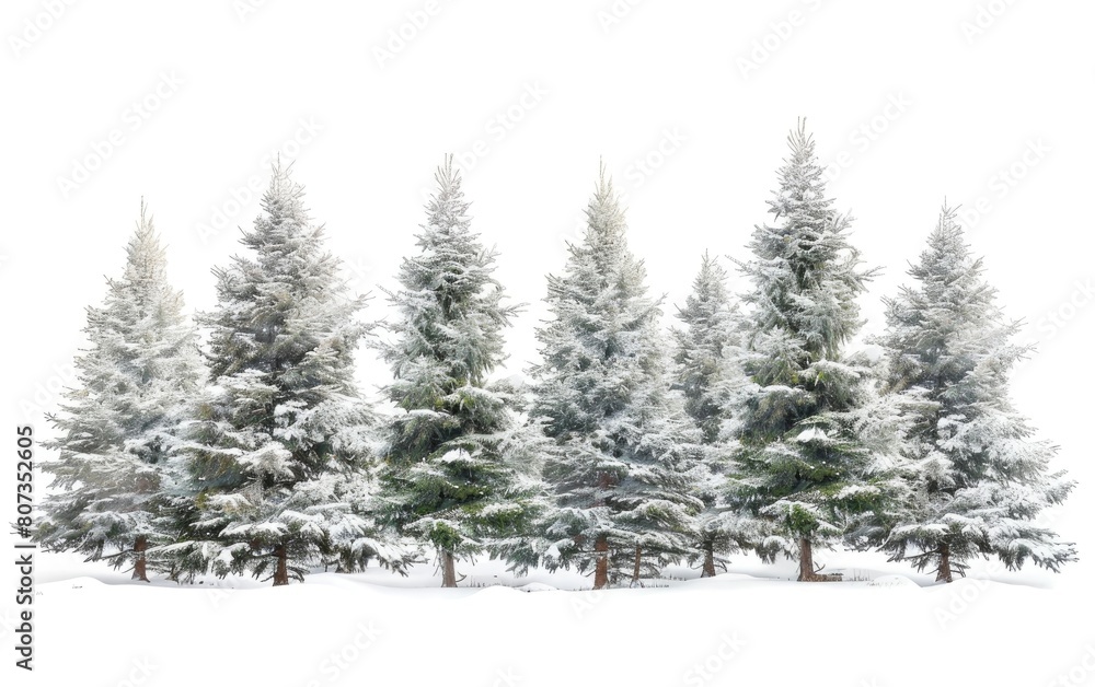 Snow-dusted evergreen trees isolated against a white backdrop.