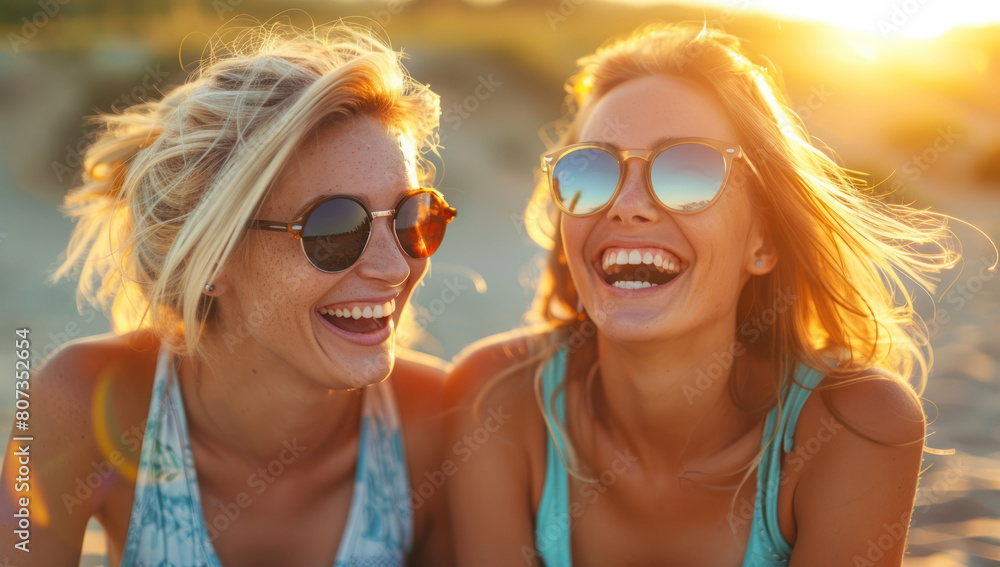 Two happy young women in sunglasses, joy friendship and freedom, having fun beach sunset. Smiling beautiful sun, sea, and sand. Summer vacation, youth, and carefree enjoyment. Two happy young women in sunglasses, joy friendship and freedom, having fun beach sunset. Smiling beautiful sun, sea, and sand. Summer vacation, youth, and carefree enjoyment.