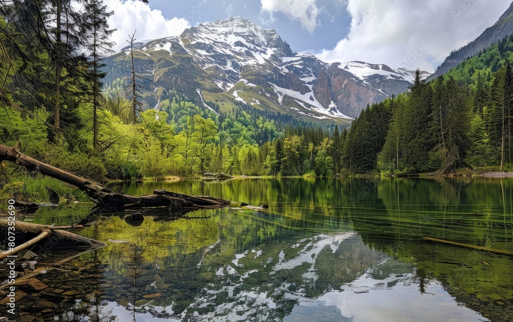 Snowy mountain towering over a reflective alpine lake and lush green forest.