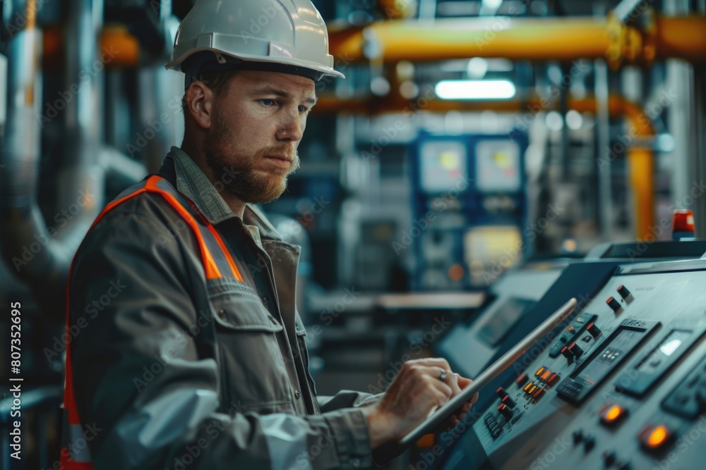 A man in a hard hat working on a machine. Suitable for industrial concepts A man in a hard hat working on a machine. Suitable for industrial concepts