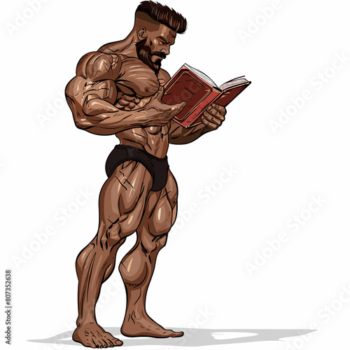 vector bodybuilder man reading a book on a white background. Generative AI