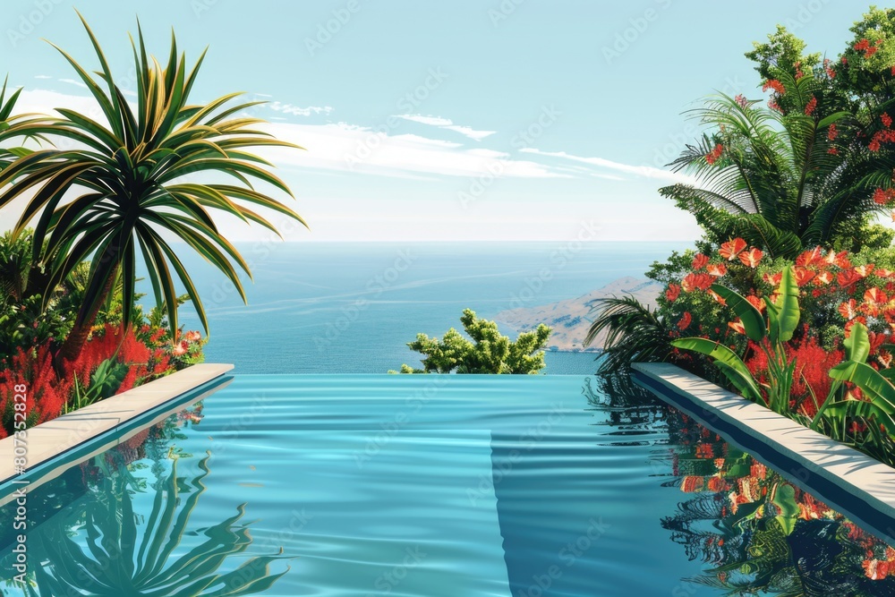 Fototapeta premium A pool overlooking the ocean, perfect for vacation destinations