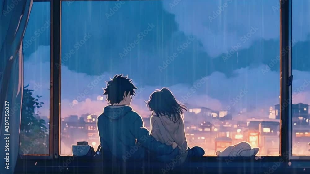 A couple night watching the rain and cityscape from their balcony, Valentine's day romantic love chill anime lo-fi hip hop vibe. Seamless loop. motion graphics, Japanese 2D anime 4K animation video