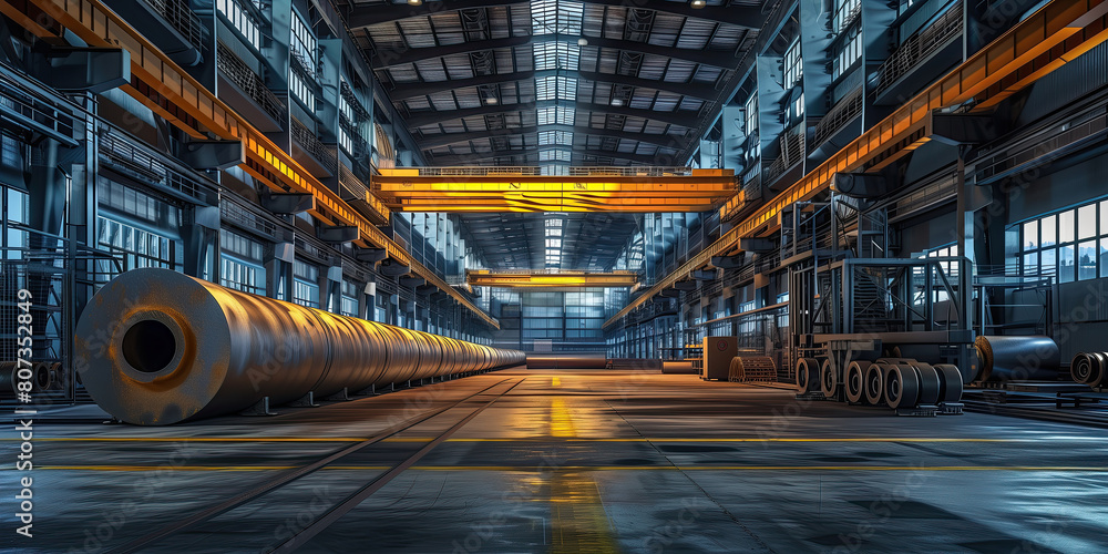 A large factory for the production of rolled steel, view from the inside. A large factory for the production of rolled steel, view from the inside.