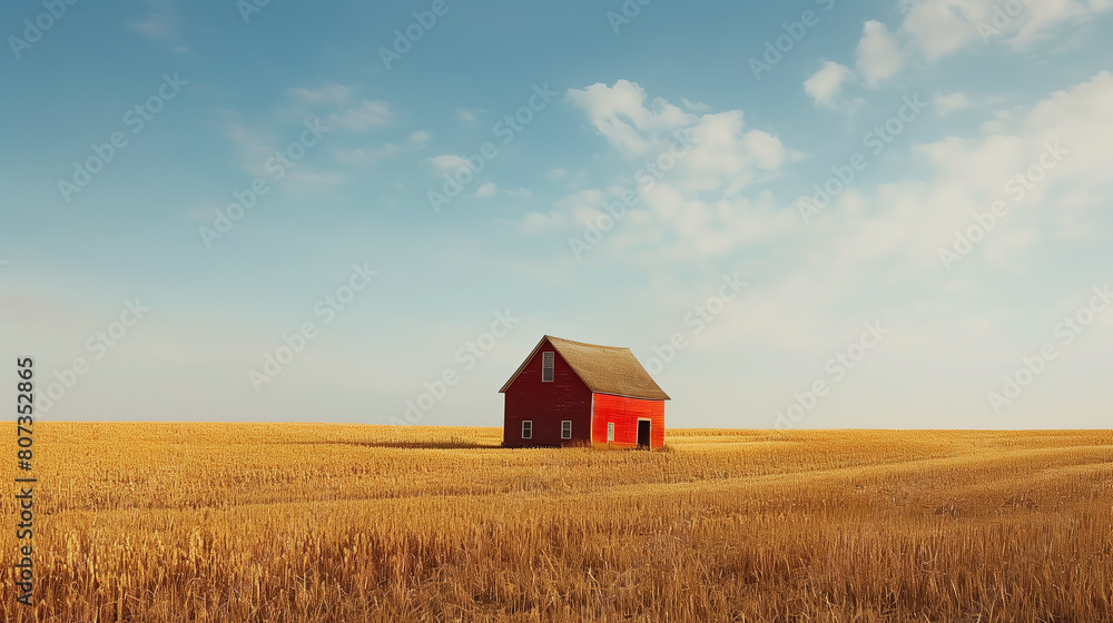 farmhouse in a cornfield, minimalistic style farmhouse in a cornfield, minimalistic style