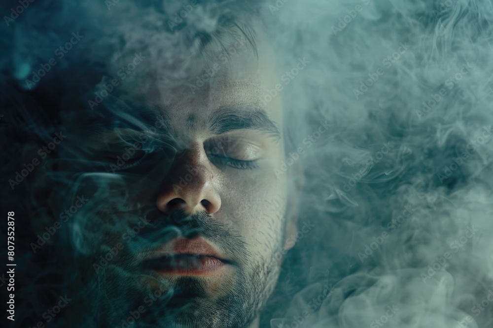 Close up of a man with smoke coming out of his face. Suitable for concepts related to stress, anger, frustration Close up of a man with smoke coming out of his face. Suitable for concepts related to stress, anger, frustration