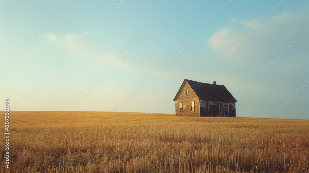 farmhouse in a cornfield, minimalistic style farmhouse in a cornfield, minimalistic style