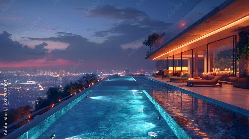 An 8K wallpaper of a modern hotel's infinity pool area at night, with poolside cabanas, glowing underwater lights, and a stunning view of the surrounding city lights.
