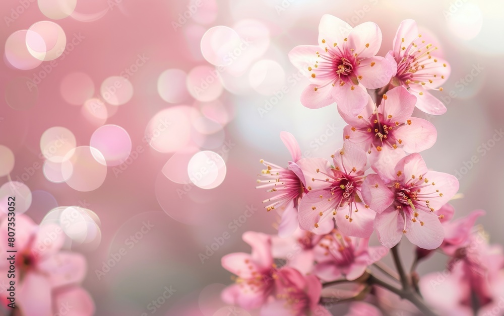 Soft pink cherry blossoms on serene pastel bokeh background.
