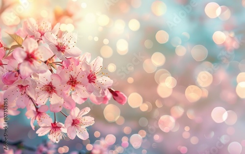 Soft pink cherry blossoms on serene pastel bokeh background.
