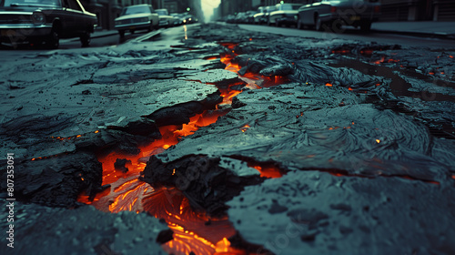 lava flows from underground in the city